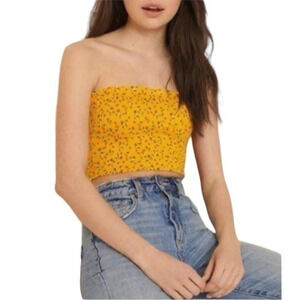 Garage Ruched Yellow Foral Print Tube Top